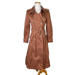 Vintage 70s Double Breasted Long Trench Coat Jacket FLAW Rust Brown Womens XS - Picture 1 of 11