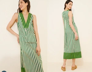 Vestido midi Simon Miller Mar Popelina Verde Blanco Estampado Vertical Rayas Talla S - Imagen 1 de 9