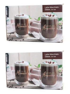 WELTBILD 4er Set Latte Macchiato Gläser doppelwandig 450 ml mit Spruch Thermo Cappuccino