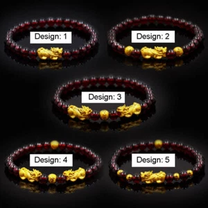 999 24k Yellow Gold 3d Wealth-pixiu With 6mm Red Garnet Bead Bracelet - Picture 1 of 5