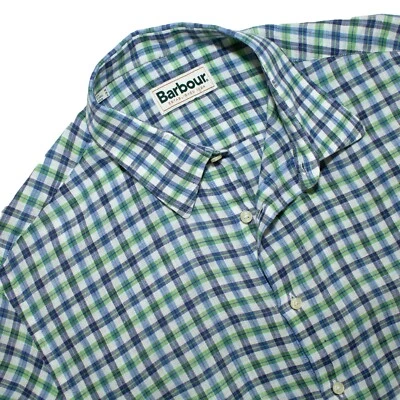BARBOUR Short Sleeve Linen Shirt M Blue and Green Check Regular Fit - Image 1 of 4