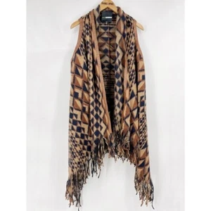 Tracy Reese XS/S Canton Fringe Wool Vest Long Cardigan Sweater Geometric Brown - Afbeelding 1 van 7