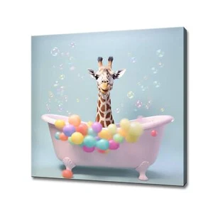 Cute Giraffe In The Bath Tub, Canvas Art Print Kids Nursery Room Decor, Pastel - Picture 1 of 7