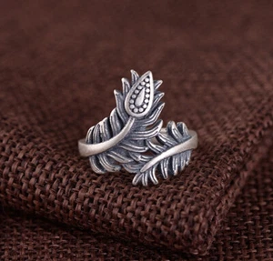 I05 Ring Fine Silver 999 Peacock Feather Peacock Adjustable Size - Imagen 1 de 5