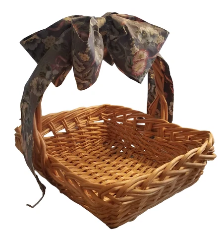 Large Rectangular Wicker Basket Vintage with Blue Floral Fabric Bow Handmade Cover