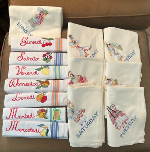 Lot 14 Vintage Cotton Embroidered Tea Towels-2 Sets Days of the Week Towels