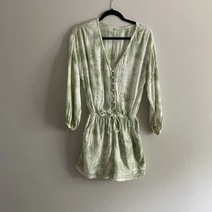 Aerie Women S Green Tie Dye Linen Blend Boho Beachy V-Neck Long Sleeve Romper - Picture 1 of 12