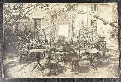 G. DOWNES RUSTIC GARDEN FURNITURE DISPLAY DURHAM MARKET SIGN ENGLAND VTG RPPC - Image 1 of 3