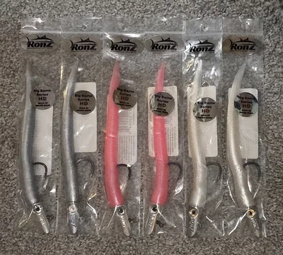 ❗️Lote de 6❗️RonZ Big Game Series 8" iscas de enguia de areia rosa prata branca 2 e 21/2 - Imagem 1 de 4