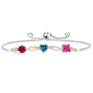 925 Silver and 10K Yellow Gold Created Ruby Persian Blue Moissanite Pink Mystic - Picture 1 of 4