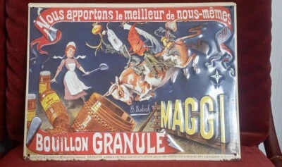 PLAQUE PUBLICITAIRE TOLE GAUFREE MAGGI B MOLOCH PUB BOUILLON GRANULE 1950 - Photo 1/4