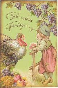 Vintage Thanksgiving Postcard RETRO Antique NEW REPRINT Little Boy Turkey Grapes - Picture 1 of 2