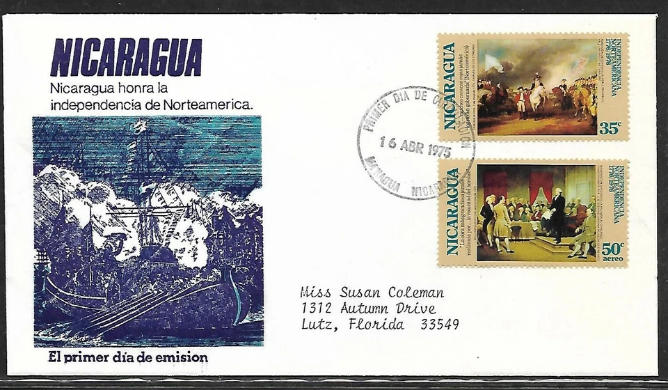 NICARAGUA 1975 FDC AMERICAN BICENTENNIAL SURRENDER OF CORNWALLS ART PAINTINGS - Image 1 of 1