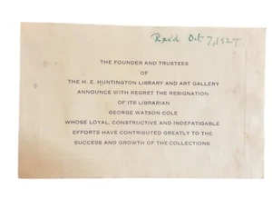1924 George Watson Cole Resignation H E Huntington Library CA Announcement JQE1 - Picture 1 of 2