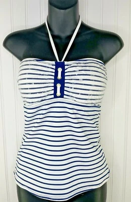 Sperry Top-Sider 泳装 Tankini Top M 中号头巾海军蓝/白色条纹 — 第 1/4 张图片