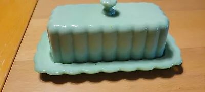 Pioneer Woman Jadeite Butter Dish Green Glass Scalloped Edge - Image 1 of 4