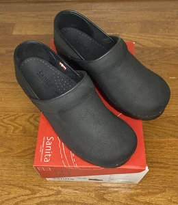 NEW! SANITA Professional Textured Oiled Clogs Leather Black EU 39 Wide US 7.5-8 - Picture 1 of 10