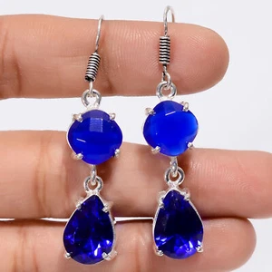 Sapphire Gemstone Fashion Jewelry 925 Silver Dangle Earrings 1.9" ARE-3606 - Picture 1 of 3