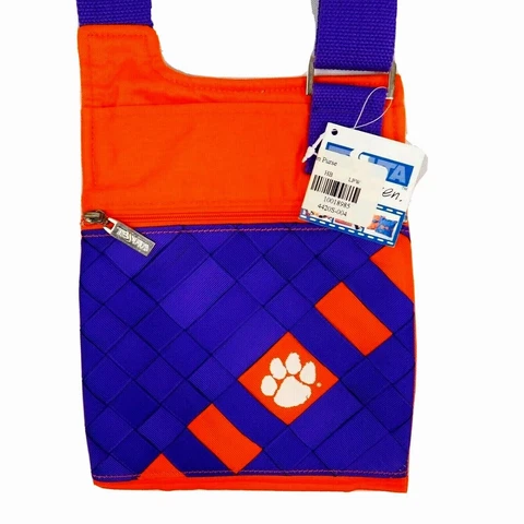 Clemson Tigers Womens Orange Purple Hand Woven Grosgrain Ribbon Purse Small Cover