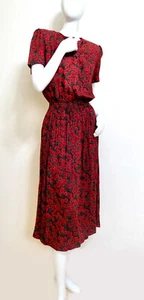 Vintage 80er Jahre Jungfrau Retro Rubinrot Rose Rayon SS Henley Midi Kleid S M - Bild 1 von 4