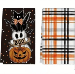 Halloween Kitchen Hand Tea Towels Spooky Pumpkin Ghost Cat Bat Plaid Set of 2 - Picture 1 of 6