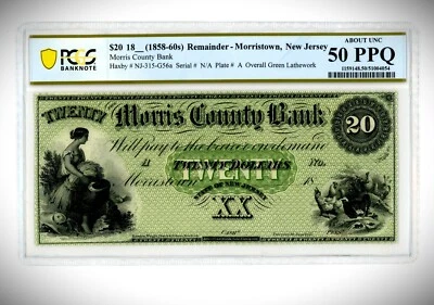 1858 $20 MORRIS COUNTY BANK MORRISTOWN NEW JERSEY OBSOLETE BANKNOTE PCGS 50 PPQ - Image 1 of 2