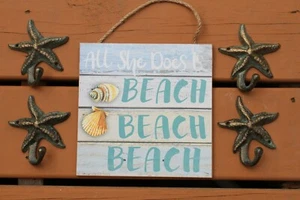 Wood Beach Sign / Starfish Wall Hooks Beach House Decor Set, Sea Soul - Picture 1 of 5