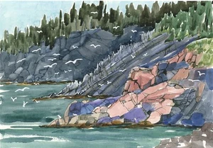 Pink Cliff, Campobello Island, New Brunswick, Canada. Watercolor Art Prints - Picture 1 of 1