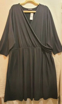 NWT LANE BRYANT Faux Wrap Dress Black Sz 26/28 Jersey 3/4 Slv Midi Pockets NEW - Image 1 of 4