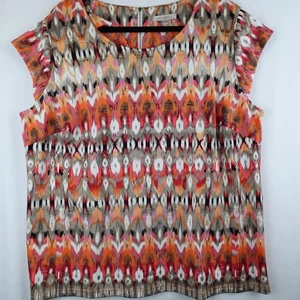 Roz & Ali Ikat Pattern Blouse Women's 2X Orange Pink Short Sleeve Fall Colorful - Picture 1 of 11