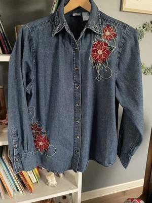 Camisa Denim Navidad Top Cazadora Flor Bordada Profesor Suave M Foto 1 de 4
