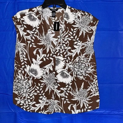 Blusa sin mangas Express marrón y blanco con estampado floral pequeña #138 nueva con etiquetas Foto 1 de 4