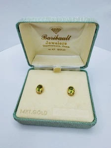 Vintage NOS ~ PERIDOT Pierced Bezel Set EARRINGS 14K SOLID YELLOW GOLD NIB 1960s - Picture 1 of 20