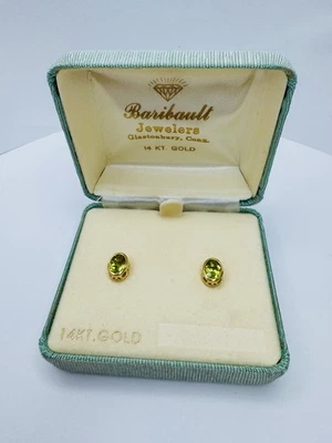Vintage NOS ~ PERIDOT Pierced Bezel Set EARRINGS 14K SOLID YELLOW GOLD NIB 1960s - Image 1 of 4