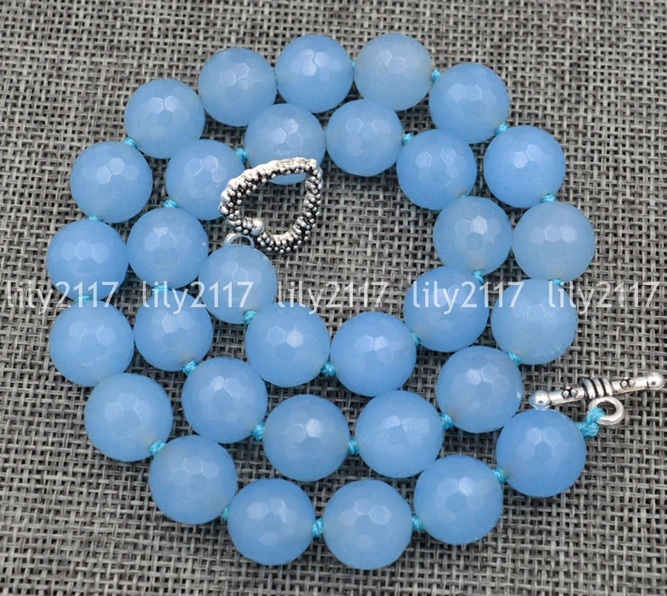 Natural Faceted 10mm Aquamarine Gems beads Necklace Tibetan silver love clasps - Image 1 of 4