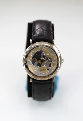 Reloj Futura Hombre Luna Plata Acero Inoxidable Cuero Negro WR Azul Dorado Cuarzo Foto 1 de 4