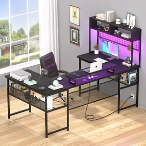 83" U Shape Gaming Table with Storage Shelves, Monitor Stand,Outlets & LED Strip