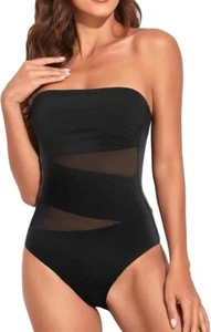 Holipick Women's Strapless Bandeau One Piece Mesh Cutout Swimsuit L (B24) - Picture 1 of 4