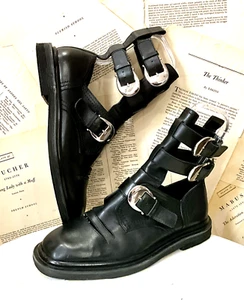 Free People Elea Hybrid Boot Cutout 3 Silver Buckle Black Leather 9 NEW - Picture 1 of 7