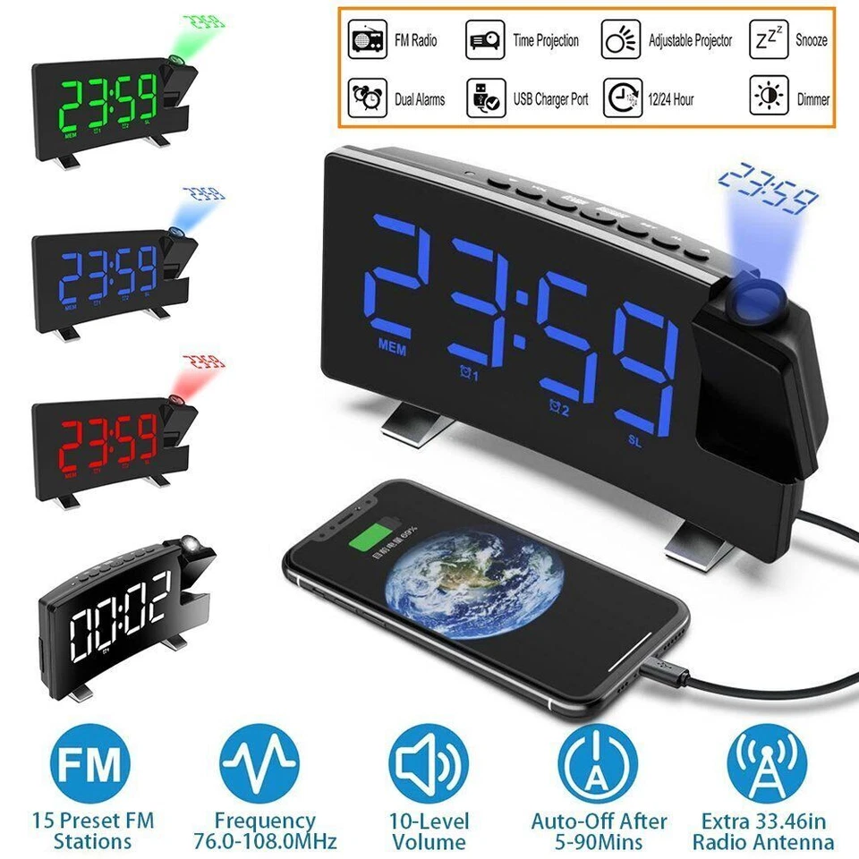Modern LED Digital Alarm Clock with Projection Time Temperature Display - Image 1 of 4