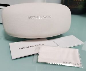 MICHAEL KORS TEXTURED WHITE HARD CLAM SHELL SUNGLASS CASE+CLEANING CLOTH+BOOKLET