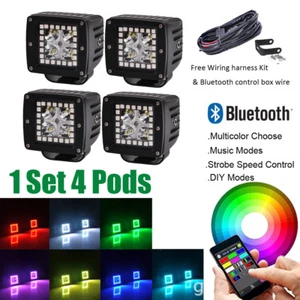 4x 3" Led Work Light Square 3X3" Pods RGB Halo Ring Kit Wireless Bluetooth - Picture 1 of 11