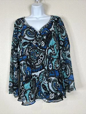 Top Bob Mackie para mujer talla 12 azul cachemira con cuentas cuello en V manga larga Foto 1 de 4