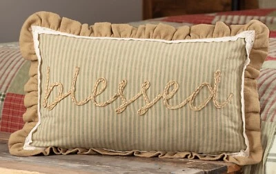 Blessed Pillow Green Stripes w/ Lace Trim & Burlap Ruffle 14"x 22" Prairie Winds - Image 1 of 4