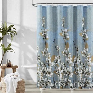 Stall Fabric Shower Curtain 54 x 72 inch Blue Floral Shower Curtains Brown Wh... - Picture 1 of 7