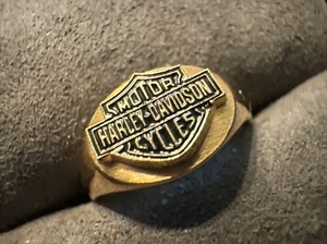 14K Yellow Gold Black Enamel Harley Davidson Oval Signet Ring Size 6 - Picture 1 of 5