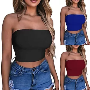 Dekolleté Cover Damen Sexy Einfarbig Crop Top Trägerlos Bandeau Röhre Top - Bild 1 von 24