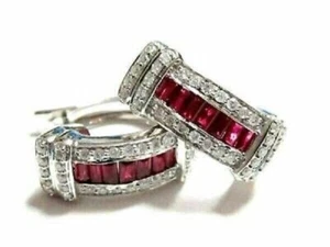 NEW 1.50Ct Created Red Ruby Diamond Huggie Hoop Earrings 14K White Gold Finish - Picture 1 of 4