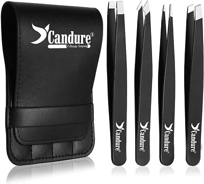 CANDURE Tweezers Professional 4 - Piece Set Eyebrow Hair Beauty Pluckers Stainless Steel