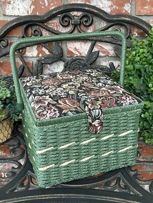Vintage Wicker/Wood Sewing Basket; Green W/Floral Tapestry Lid & Green Satin Int - Image 1 of 4